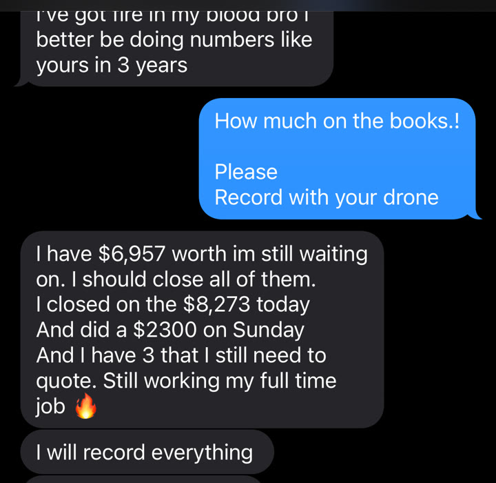 Text message testimonial: student closed an $8,273 job the same day