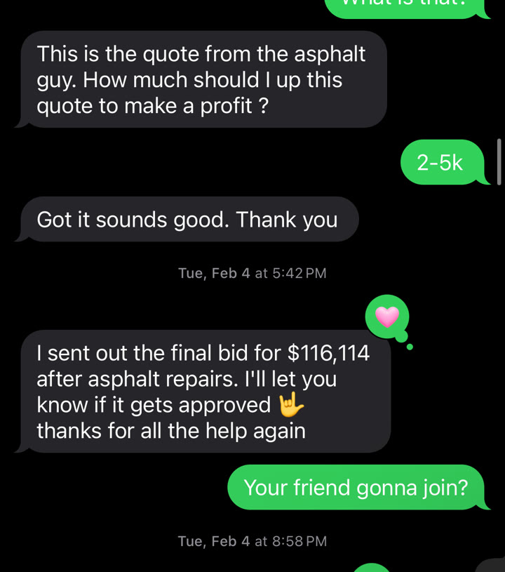 Text message testimonial: student sent a $116,114 asphalt repair and striping bid