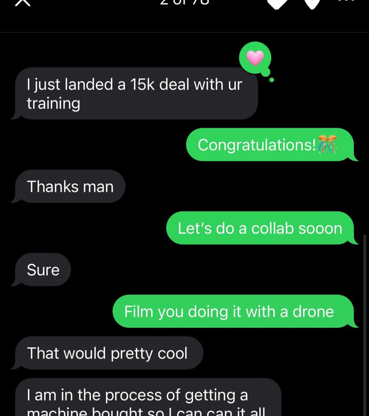 Text message testimonial: student landed a $15,000 deal using the training