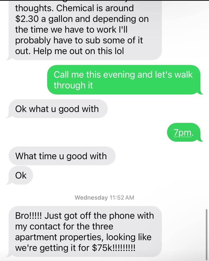 Text message testimonial: student closing three apartment properties for $75,000